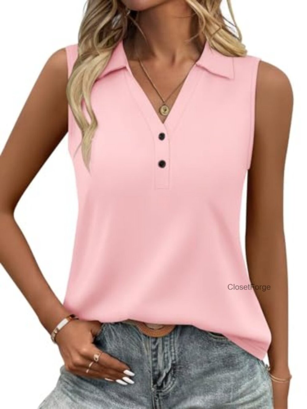 Womens V Neck Tank Top Sleeveless Polo Summer Cotton Blend Shirt
